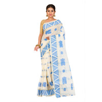 RAJ SAREE HOUSE Womens Traditional Pure Cotton Bengali Handloom Tant Saree - Without Blouse Piece (Off- White-Sky)
