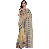 Avik Creations Womens Tant & Tangail Cotton Saree Without Blouse Piece (NGT-17_Light Brown & Blue)