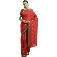 AKHILAM Womens Woven Border Georgette Saree With Unstitched Blouse Piece(Red_IYAT5301)