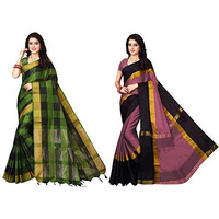 DHRUVI TRENDZ Women Cotton Saree(DT-S1102& S1274_Green & Red_Free Size)