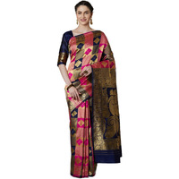 AKHILAM Womens Woven Design Banarsi Silk Saree With Unstitched Blouse Piece (Navy Blue & Pink_GRM6302_QL)