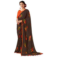RIWAAYAT TRENDS Womens Pure Georgette Floral Print saree with Lace Borders and Solid Blouse Piece (Dark Brown)