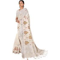 RIWAAYAT TRENDS Womens Woven Pure Linen Embroidered Saree with Blouse Piece (Grey10)