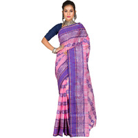 RAJ SAREE HOUSE Womens Traditional Pure Cotton Bengali Handloom Tant Saree - Without Blouse Piece (Multicolor- Pink)