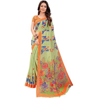 RIWAAYAT TRENDS Womens Khadi Linen Printed Saree With Blouse Piece (Light Green)