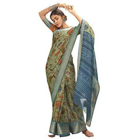 RIWAAYAT TRENDS Womens Linen Cotton Printed Saree with weaving Border and Self Print Blouse Piece (RT_SML_8, Green)