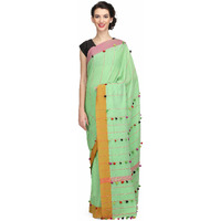 THE WEAVE TRAVELLER Women Handloom Khadi Khesh Saree with Pom Pom on Pallu and Border (GREEN)
