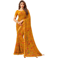 SIRIL Womens Floral Printed Chiffon Saree with Blouse(1976S513_Turmeric Yellow & Multi)