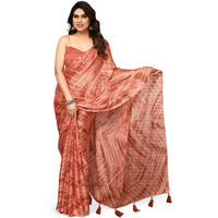 MIRCHI FASHION Womens Chiffon Chevron Shibori Printed Saree with Blouse Piece (41062-Coral, Orange, White)