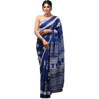 Crafts Moda Women Pure Cotton Blue Saree Floral Printed With Unstitched Blouse