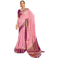 AKHILAM Womens Georgette Banarasi Silk Saree Georgette Patola saree With Unstitched Blouse Piece (Pink 1_ARYA1006_FL)