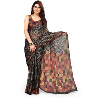MIRCHI FASHION Womens Plain Weave Chiffon LeafChecked Print Saree with Blouse Piece (38174-Black, Red)