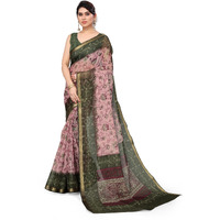 MIRCHI FASHION Womens Plain Weave Kota Doria Checks Woven Floral Printed Saree with Blouse Piece (37624-Baby Pink, Wine)
