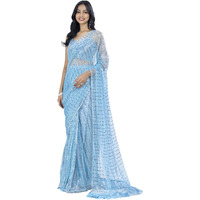 SAREE MALL Womens Lycra Embellished Printed Ready To Wear one Minute Saree With Unstitched Blouse Piece(Blue_RTWMAHEK5001B_MK)