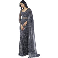 SAREE MALL Womens Lycra Embellished Printed Ready To Wear one Minute Saree With Unstitched Blouse Piece(Black_RTWMAHEK5001E_MK)