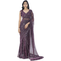 SAREE MALL Womens Lycra Embellished Printed Ready To Wear one Minute Saree With Unstitched Blouse Piece(Magenta_RTWMAHEK5001I_MK)