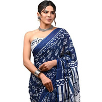 Crafts Moda Women Pure Cotton Navy Blue Saree Floral Print With Unstitched Blouse