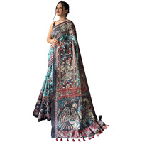 SGF11 Womens Cotton Linen Kalamkari Silk Printed Saree With Blouse Piece (Blue)
