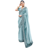 SIRIL Womens Embroidery Stone Work Vichitra Silk Saree with Unstitched Blouse Piece (3351S370_Light Blue)