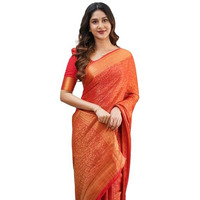 Flosive Womens Kanjivaram Silk Saree With Handloom Weaving Work With Blouse (ORANGE)