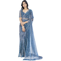 SAREE MALL Womens Lycra Embellished Printed Ready To Wear one Minute Saree With Unstitched Blouse Piece(Teal blue_RTWMAHEK5001D_MK)
