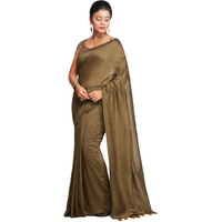 BENGAL HANDLOOM Pure Premium Cotton Saree With Blouse Piece (Beige, Womens)