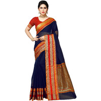 Sidhidata Womens Temple Border Kota Doria Cotton Manipuri Saree With Unstiched Blouse Piece (Kangana Nevy Blue1_Navy Blue_Free Size)