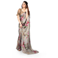 MIRCHI FASHION Womens Plain Weave Chiffon Floral Printed Saree with Blouse Piece (37866-Beige, Pink)