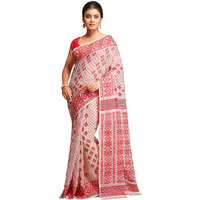 BENGAL HANDLOOM Exclusive Womens Cotton Silk Dhakai Allover Soft Jamdani Saree (Red & White)