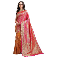EthnicJunction Womens Kanjeevaram Silk Half and Half Saree with Blouse Piece (Pink and Mustard)