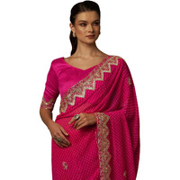 AKHILAM Womens Embellished Gota Work Georgette Bandhani Saree With Unstiched Blouse Piece (Barbie Pink_DHNIYA358_DC)