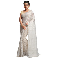 BENGAL HANDLOOM Exclusive Womens Cotton Silk Dhakai Allover Soft Jamdani Saree (White & White)