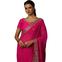 AKHILAM Womens Embellished Gota Work Georgette Bandhani Saree With Unstiched Blouse Piece (Barbie Pink_DHNIYA106_DC)