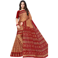 TAMAIRA FASHION Womens Plain Weave Pure Cotton Saree Without Blouse Piece(1362_BeigeandRed)