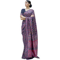 AKHILAM Womens Phulkari Silk Blend Floral Woven Saree With Unstitched Blouse Piece (Navy Blue_KSHFA201004_R)