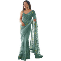 SAREE MALL Womens Net Embroidered Embellished Saree With Unstitched Blouse Piece(Teal green_AAVYA704_SM)