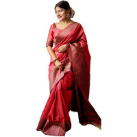 NK Textiles Womens PlainSolid with Kalamkari Woven Border Raw Silk Saree with Tassels (13 COLORS), Red