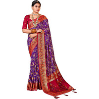 AKHILAM Womens Soft Patola Silk Ikat Print Golden Zari Border Saree With Unstitched Blouse Piece (Purple_SMNGLM1008_SS)