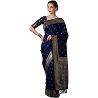AKHILAM Womens Banarasi Silk Blend Woven Design Golden zari Work Saree With Unstitched Blouse Piece (Navy Blue_2PAKHI4103E)