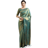 AKHILAM Womens Kanjivaram Banarasi Silk Woven Design Saree With Unstitched Blouse Piece (Teal Blue_2REEVA2004)