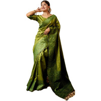 NK Textiles Womens PlainSolid with Kalamkari Woven Border Raw Silk Saree with Tassels (13 COLORS), Mehendi Green