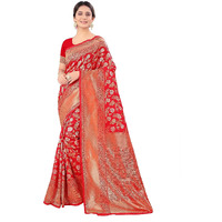 Pujia Mills womens kanjivaram pure banarasi silk saree kanchipuram saree (Red & Silver)