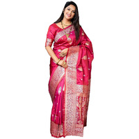 SGF11- Womens Kanjivaram Pure Soft Silk Handloom Saree Golden Zari With Unstitched Blouse Piece (Dark Pink-Rama Red)