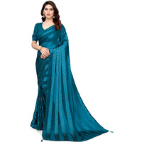 MIRCHI FASHION Womens Plain Weave Georgette Satin Stripes Stone Embellished Saree with Blouse Piece (37215-Turquoise)