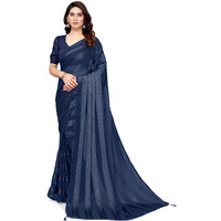 MIRCHI FASHION Womens Plain Weave Georgette Satin Stripes Stone Embellished Saree with Blouse Piece (37213-Navy Blue)