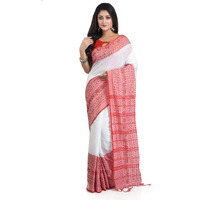 CHHANDA HANDLOOM SAREES Womens Pure Cotton Saree  Bengali Sarees White and Red Border White Saree with Attached Blouse