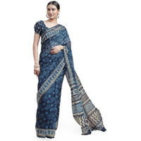 MIRCHI FASHION Womens Plain Weave Cotton Blend Batik Style Abstract Printed Saree with Blouse Piece (35761-Navy Blue, White)