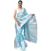 SIRIL Womens Jacquard Border, Printed Organza Saree with Unstitched Blouse(3072S223_Sky Blue, Multi)