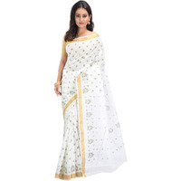 RAJ SAREE HOUSE Womens Traditional Pure Cotton Bengali Tant Saree without Blouse Piece - (Off-White)