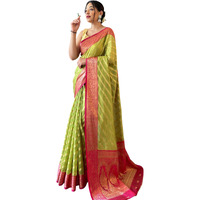 SGF11 Womens Organza Kanjivaram Pure Soft Silk Handloom Saree Pure Golden Zari With Blouse Piece
